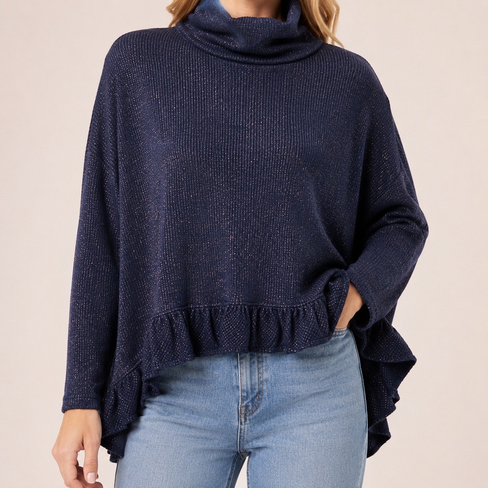 Anthropologie Postmark Navy Blue Metallic Cowl Neck Ruffle Peplum Top M/L